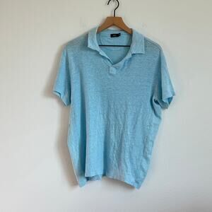 Vince Linen Polo Shirt in Light Blue Johnny Collar Size L Mens Short Sleeve Slub